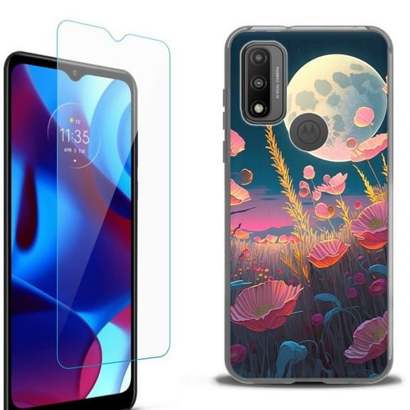 Slim-Fit Fashion Phone Case for Motorola Moto G Pure, with Tempered Glass Screen Protector, by OneToughShield ® - Moon Poppies