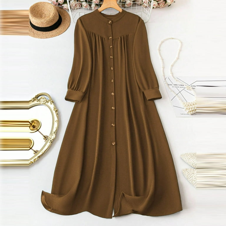 THDHVS Linen Dress,Dresses for Women,Plus Size Women V Neck Long Sleeve Dress  Crinkle Texture Button Front Midi Coffee - Walmart.com