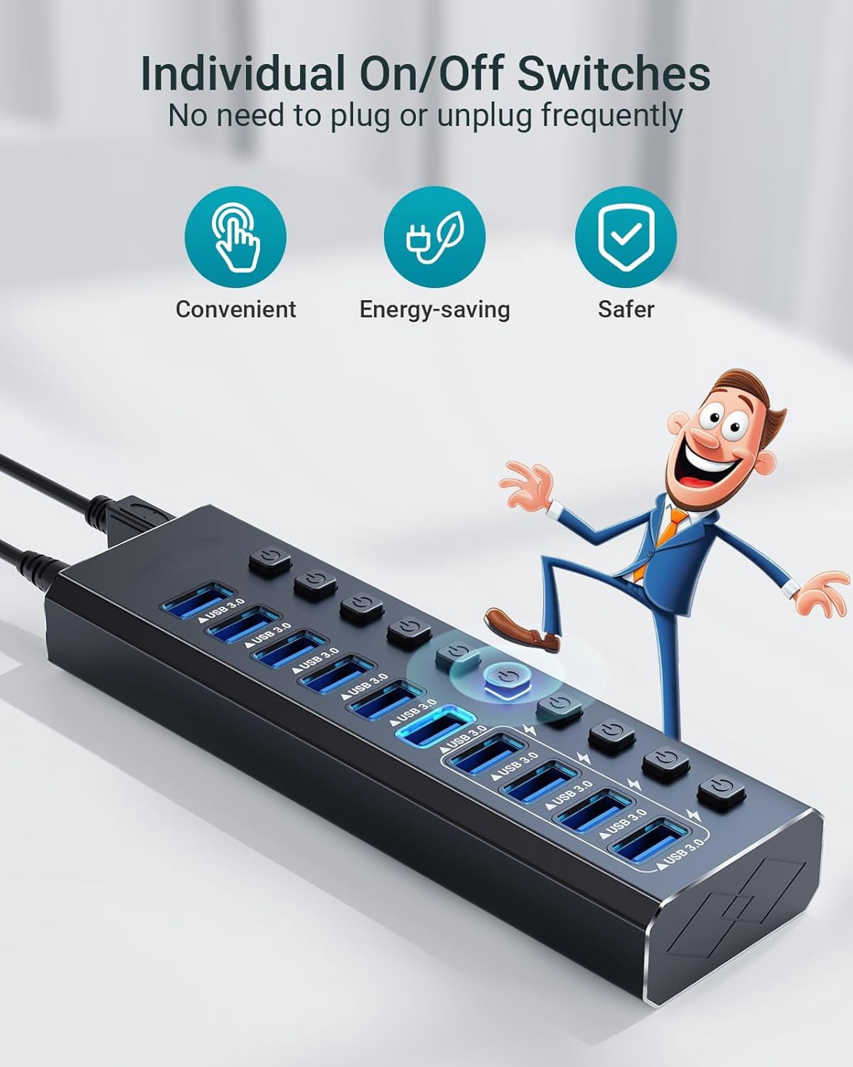 Powered USB Hub 3.0, 10-Port USB 3.0 Hub [Durable Aluminum] 10 Data Transfer Ports+ 4 Smart Charging Ports with Individual On/Off Switches, USB Hub 3.0 Powered with Power Adapter for Laptop PC