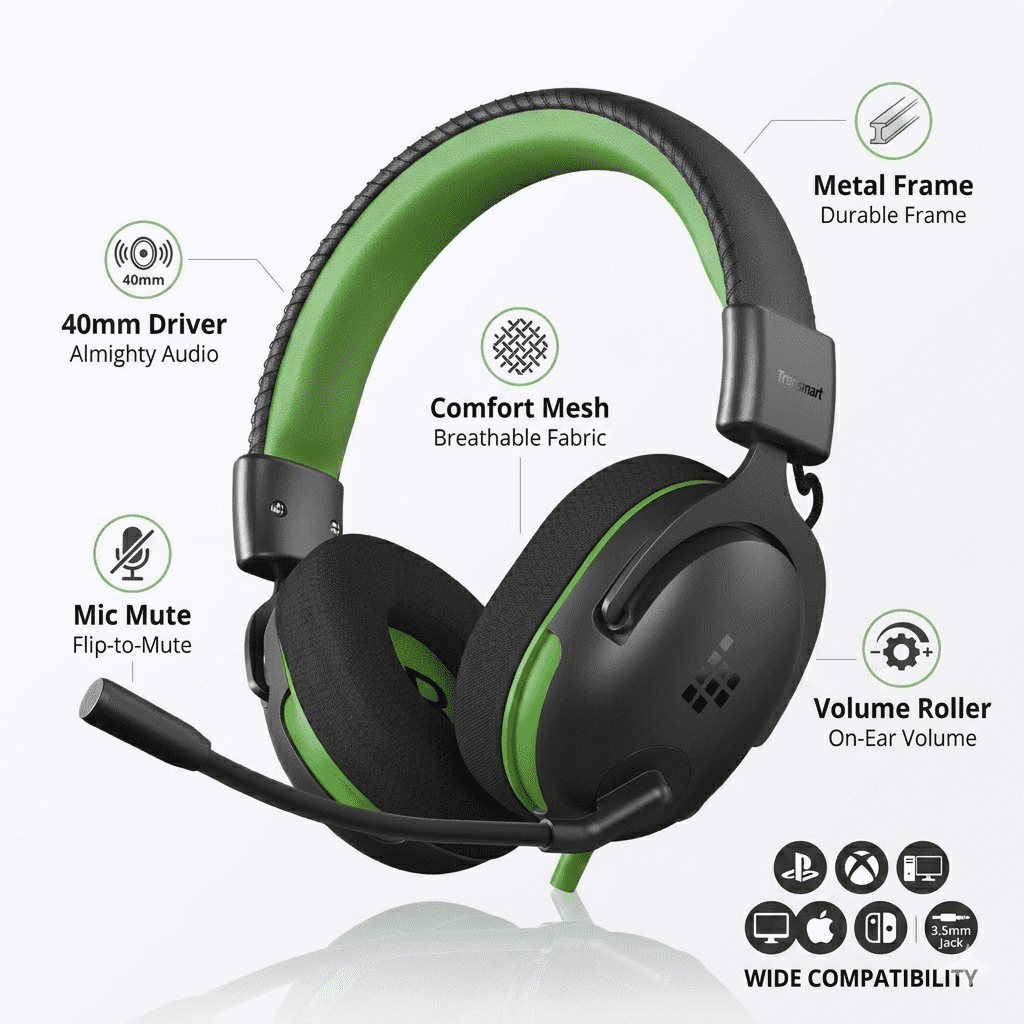 Gaming Headset with Noise Cancelling Mic, Surround Sound Wired Headphones with 40mm Drivers, Over Ear Wired Headset, Lightweight Comfortable Design, Multi-Platform for PC, PS5, PS4, Xbox, Switch