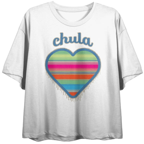 Chula Mexican Woven Heart Sarape Women's White Graphic Crop Tee-Medium