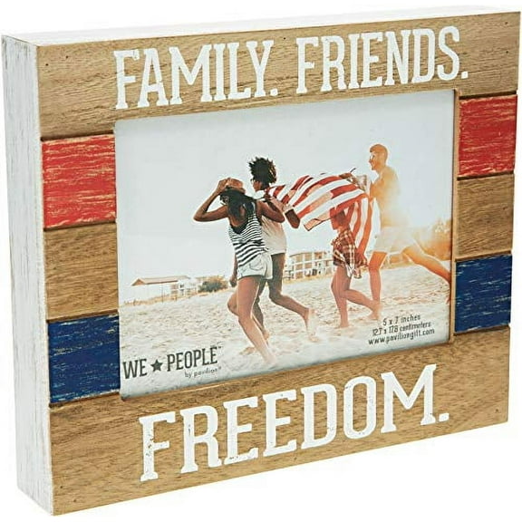 Pavilion Gift Company Family. Friends. Freedom. - 5x7 Self-Standing Wall Hanging Picture Frame, Brown