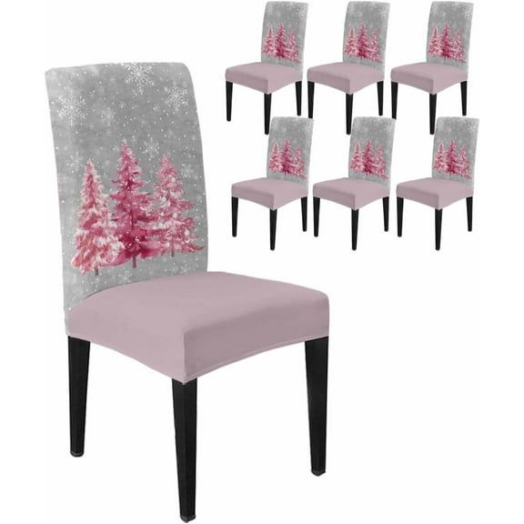 Chair Covers for Dining Room Set of 6,Watercolor Pink Christmas Tree Stretch Seat Protector Removable Washable Chairs Slipcovers for Kitchen Banquet Wedding Hotel,Snowflake on Gray
