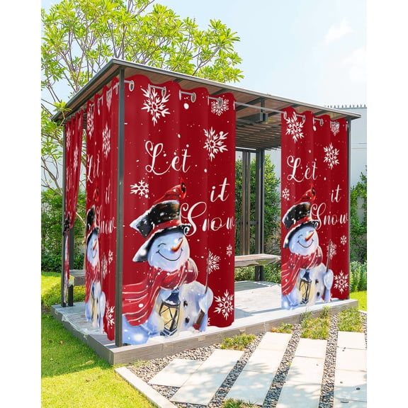 Outdoor Curtains for Patio, Red Christmas Waterproof Blackout Outside Curtain for Porch/Pergola/Gazebo, Winter Snowman Let Snow Xmas Snowflake Thermal Insulated Drapes, 1 Panel, 54 x 95 Inch