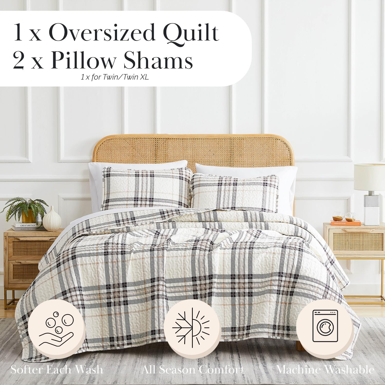 Southshore Fine Living, Inc. Twin Quilt Bedding Set, Lightweight Twin XL Quilts, Tofu Cream Plaid