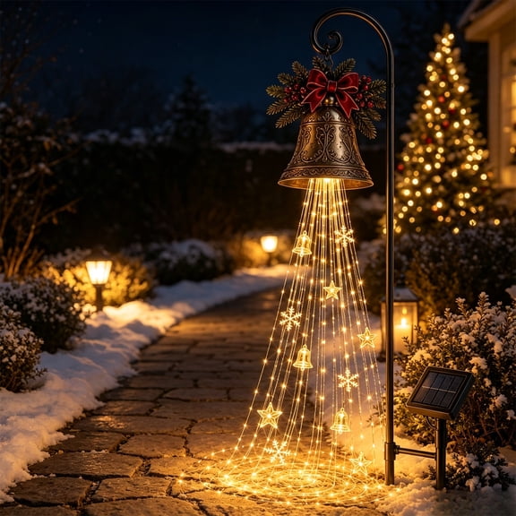 MYUNNIL Christmas Bell Magic Fountain Stake Light, 21.65" Vintage Solar Metal Warm Flowing Cascading Stars LED Waterfall Waterproof Garden Lamp with Red Bow for Lawn Yard Walkway Display