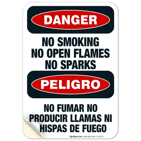 No Smoking No Open Flames No Sparks Bilingual Sign, OSHA Danger Sign, 10x7 Vinyl Sticker