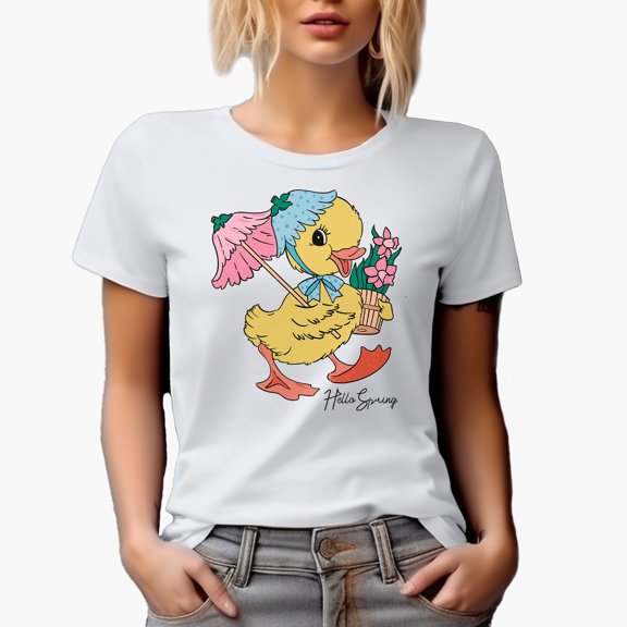 Hello, Spring with a Cute Duckling Art Merch Gift, White T-Shirt, Small