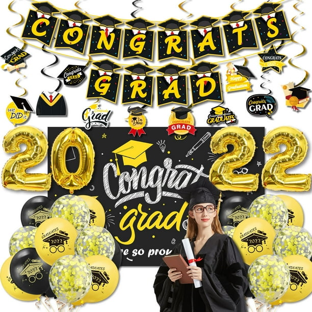 los suministros para fiestas de graduación incluyen pancartas de graduación de felicitaciones, remolinos colgantes de graduación, globos de graduación de felicitaciones