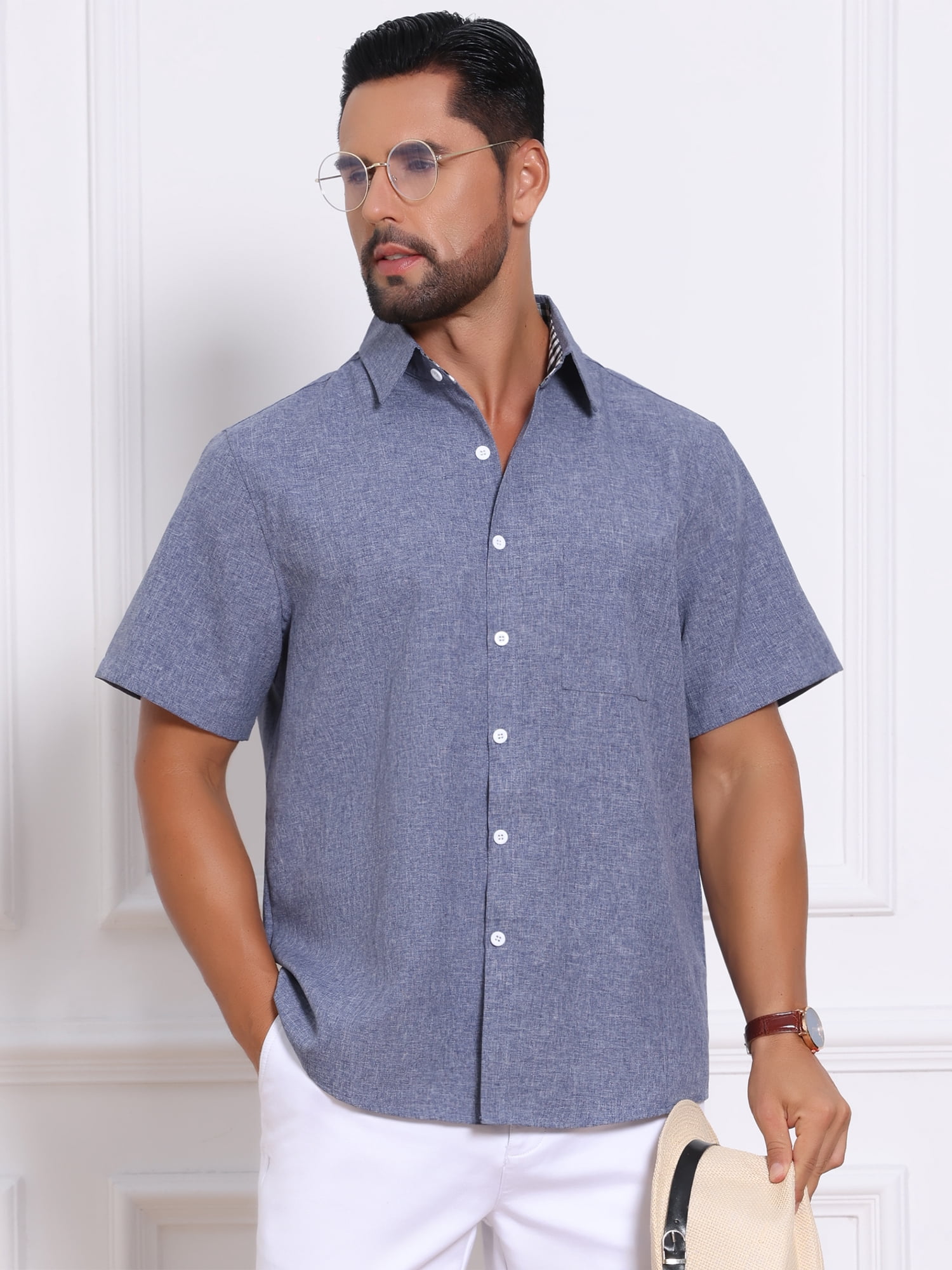 DARING DIVA Men's Plain Linen Short Sleeve Contrast Color Collar Shirts M Denim Blue