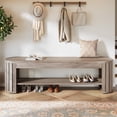thumbnail image 4 of Tribesigns 63" Wooden Entryway Bench with Shoe Storage, Long 2-Tier Narrow Shoe Bench with Arc Vertical Slat Splicing Legs, End of Bed Stool for Bedroom, Entrance, Living Room (Beige Gray), 4 of 9