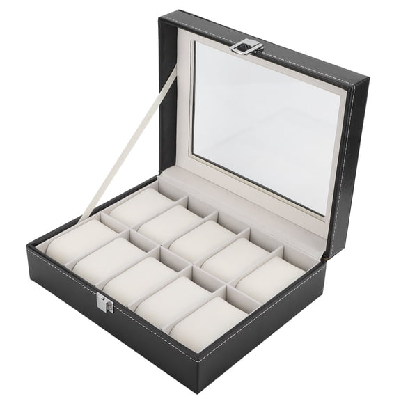 M Buder Portable PU Leather Watch Box 10 Slots Jewelry Display Case Storage Holder for Watches and Accessories, Elegant Black Organizer (Unisex, 9.8 inches / 25 cm)