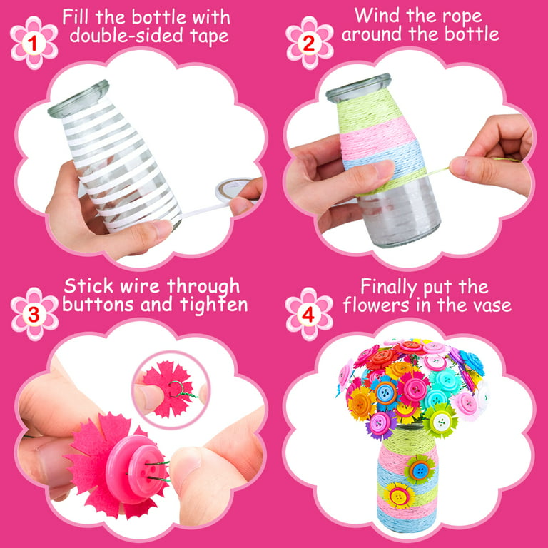 Aaomassr Crafts for Girls Ages 8-12 Make Your Own Flower Bouquet with Buttons and Felt Flowers, Vase Art and Craft for Children - DIY Activity for
