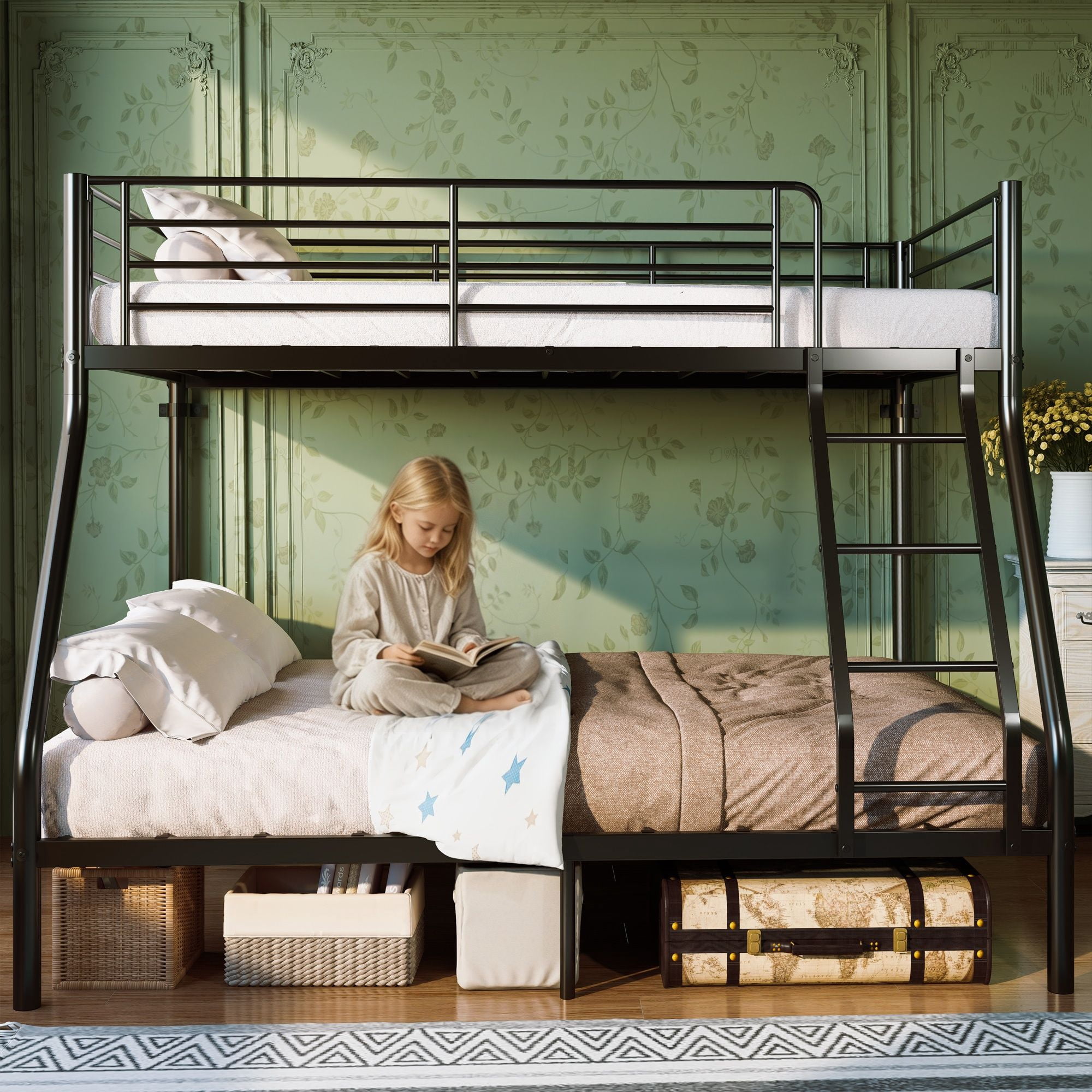 Alvantor Twin over Full Metal Bunk Bed with Guardrails, Ladder, 750 lb Top Capacity, Black