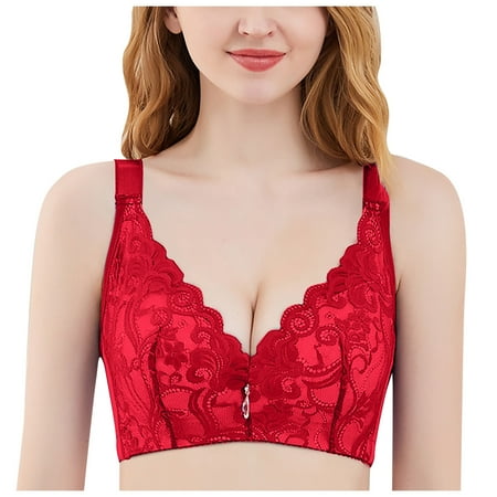 

Womens Underwear Women No Steel Ring Large Size Front Buckle Beautiful Back Thin No steel ring large size front buckle bra beautiful back no trace thin underwear red 46D