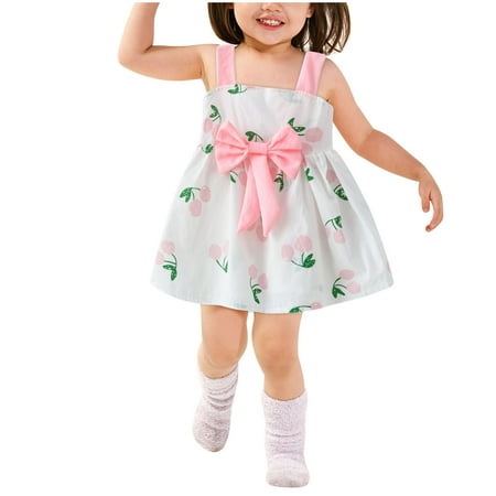 

WHLBF Toddler Kids Baby Girls Dress Summer Cute Floral Print Slip Bowknot Princess Dress Pink 1 Years(1 Years)