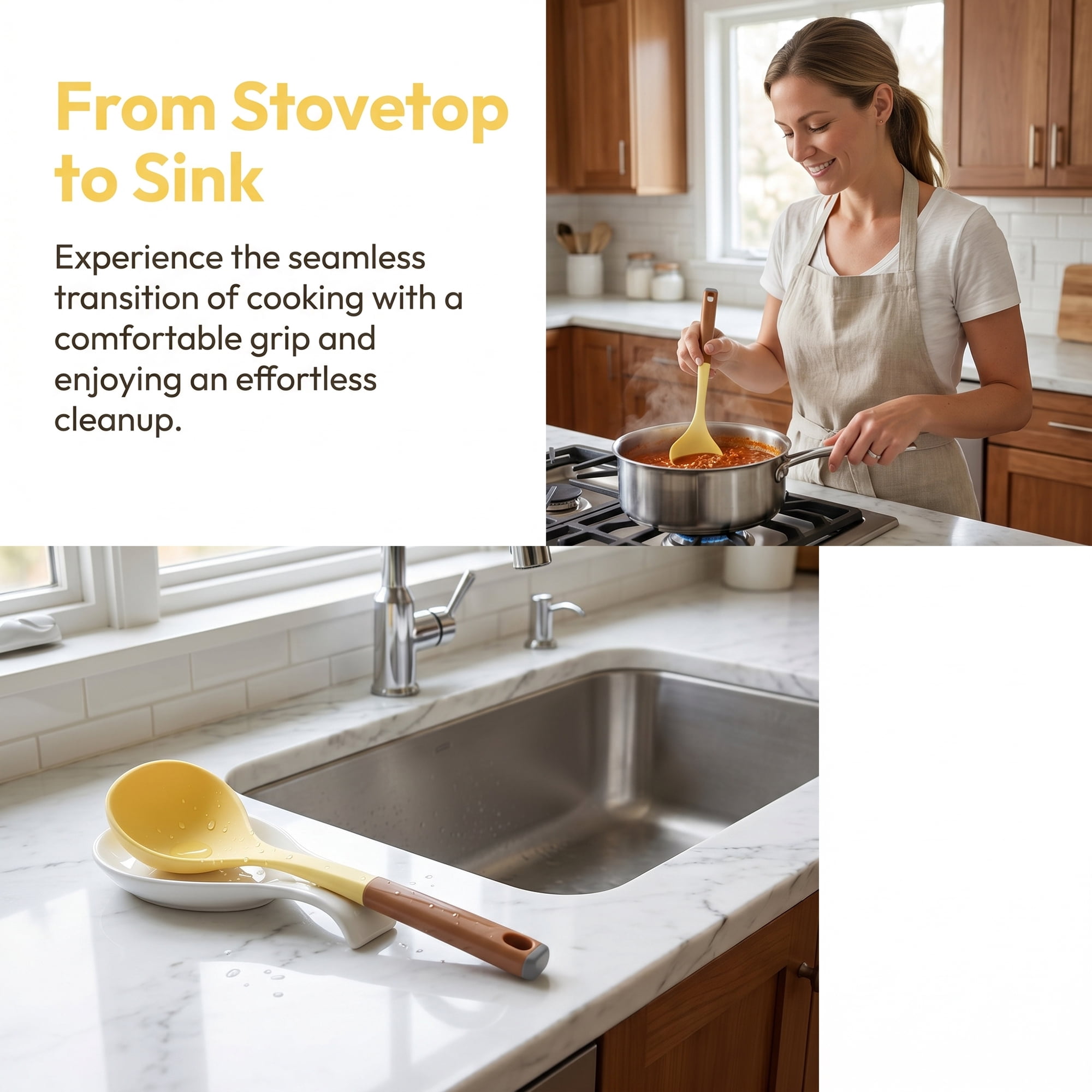 Unique Bargains Non Stick Heat Resistant Kitchen Tool Silicone Spoon Yellow 12.2" x 3.1"