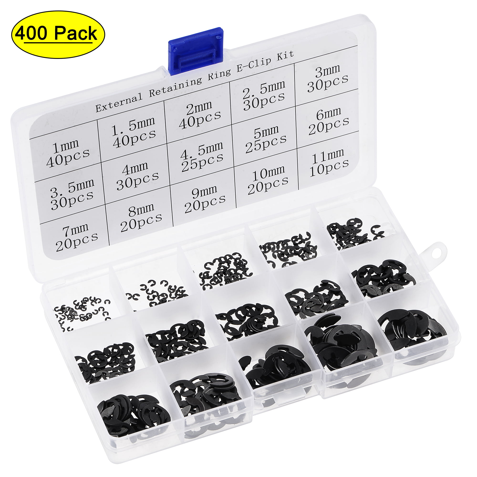 300Pcs 15-Size External Retaining Shaft Snap Ring Washer Carbon Steel Assortment Set 1mm to 11mm uxcell E-Clip Circlip Size 