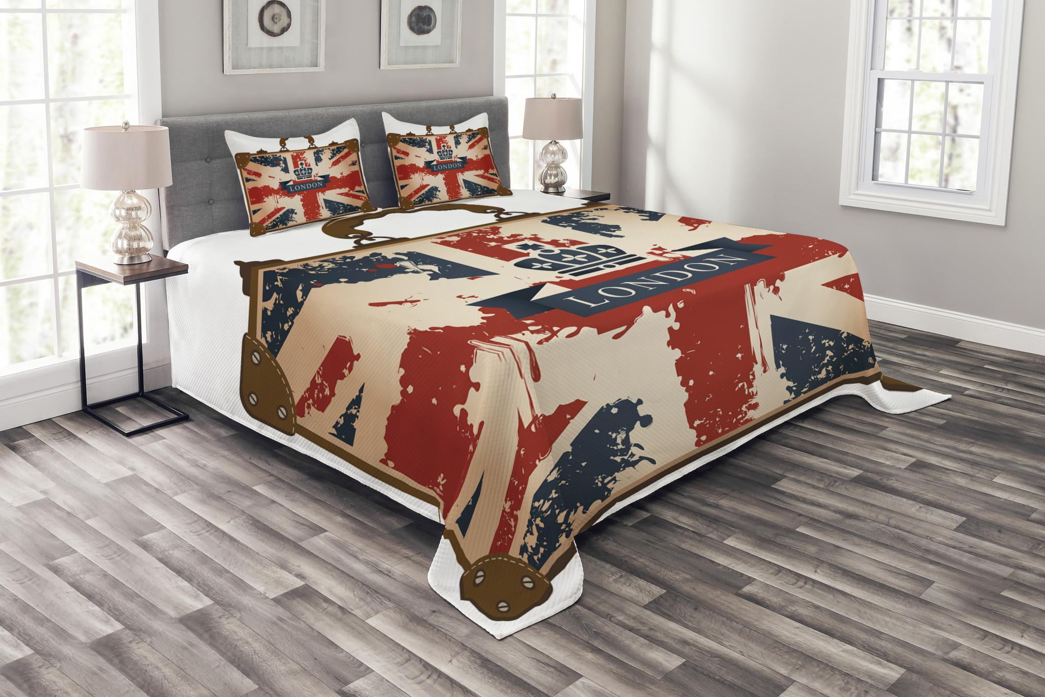 Union Jack Bedspread Set Queen Size, Vintage Travel Suitcase with
