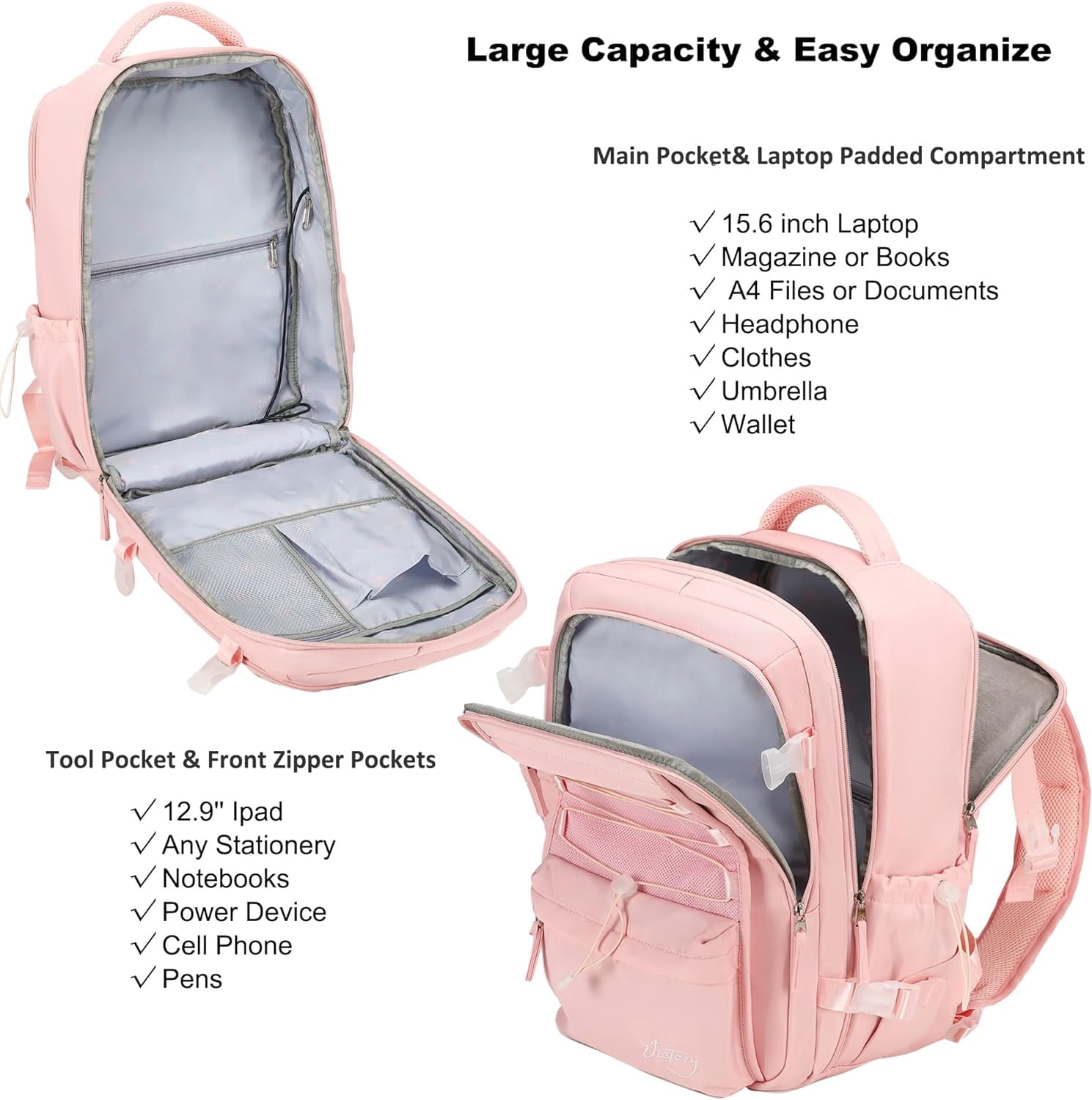 Travel Backpack for Women Men 17 Inch Laptop Backpacks with USB Port Carry on Bag Airline Approved Large College School Bookbags Waterproof Work Business Sport Rucksack Casual Daypack (Pink)
