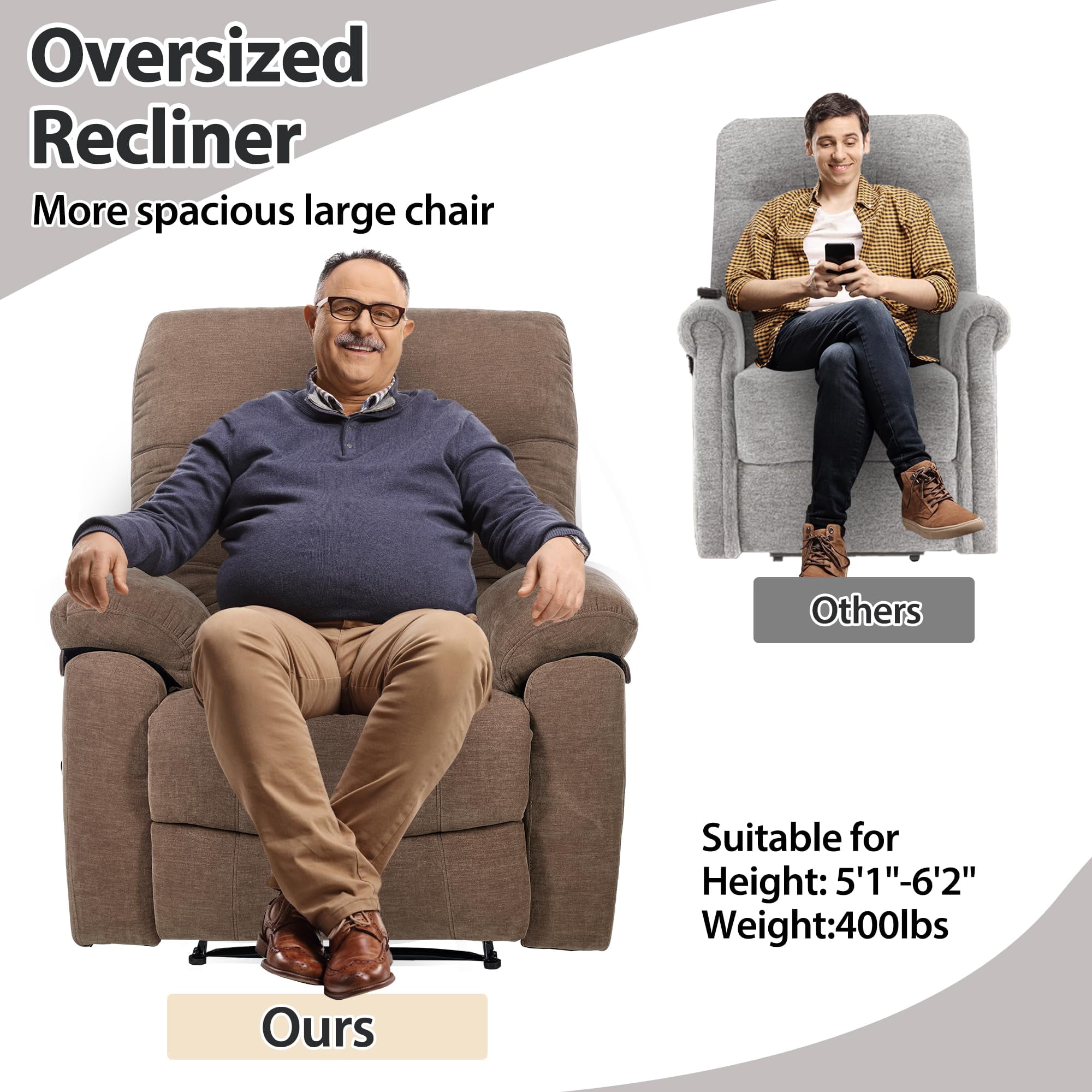 Brown Overstuffed Lounge Chair with Footrest Extra Large Recliner Chair with 22-Inch Wide Seat, Manual Reclining Lounge Chair with Footrest, Comfortable Living Room Accent Recliner