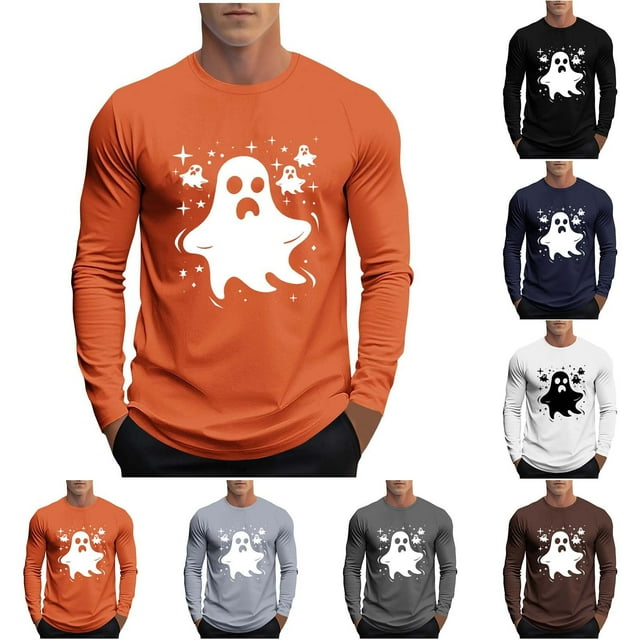 YOIAVAIOY T-Shirts Graphiques à Manches Longues pour Hommes, T-Shirts d'Halloween à Imprimé Fantôme Citrouille, Manches Longues, Col Rond, Hauts d'Automne, Blouse Décontractée de Festival, Gris Foncé L