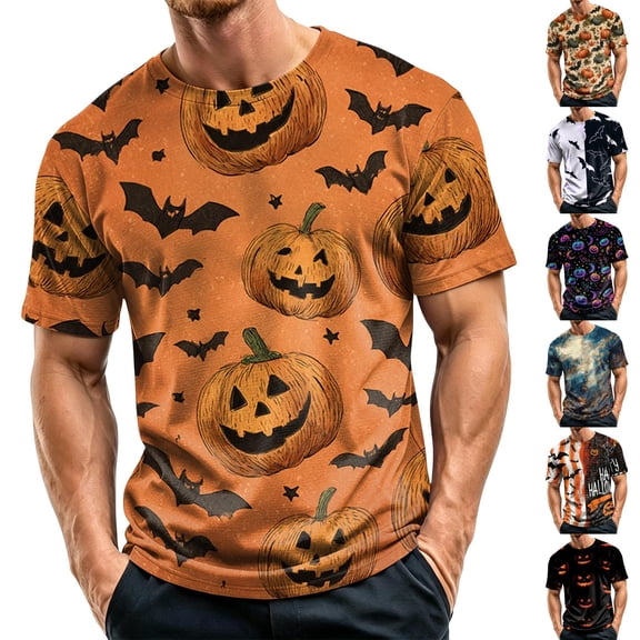 Summer Shirts for Men Halloween Pumpkin Bat Print Short Sleeve Crew Neck Shirts Pull on Causal Loose T Shirts, XL