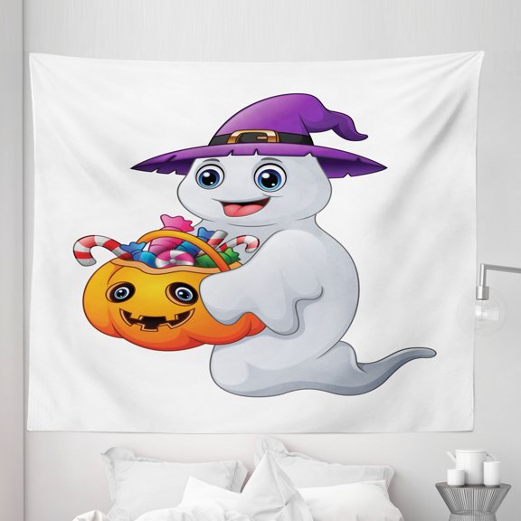 Ghost Tapestry, Colorful Phantom Carrying Treasure Haunted Cartoon Style Drawing Print, Fabric Wall Hanging Decor for Bedroom Living Room Dorm, 5 Sizes, White and Multicolor, by Ambesonne