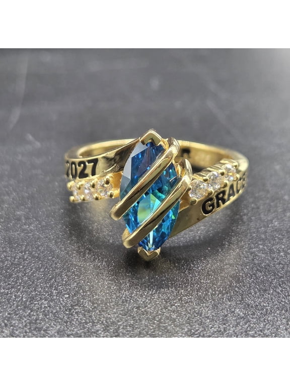 Marquise Cut Blue Stone Cross Ring, Silver Personalized Graduation Ring, Custom Year 2027 Jewelry, Dainty High School Class Ring for Women 925 Sterling Silver