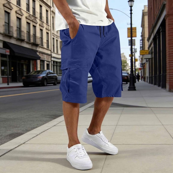 Fnnxeal Mens Shorts Drawstring Solid Casual Cotton Multi-Pocket Summer Navy Cargo Shorts for Men L