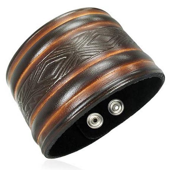 Brown Faux PU Leather Alloy Criss-cross Ribbed Snap Wristband Unisex Bracelet