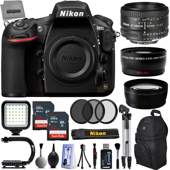 Nikon D810 36.3MP 1080P DSLR Camera w/ Wi-Fi & GPS Ready - 7 fps + 3 Lens - 21 to 100mm - 64GB- 30PC Kit - Nikon 50mm 1.8D - Opteka 2.2x Telephoto - Opteka 0.43x Wide/Macro