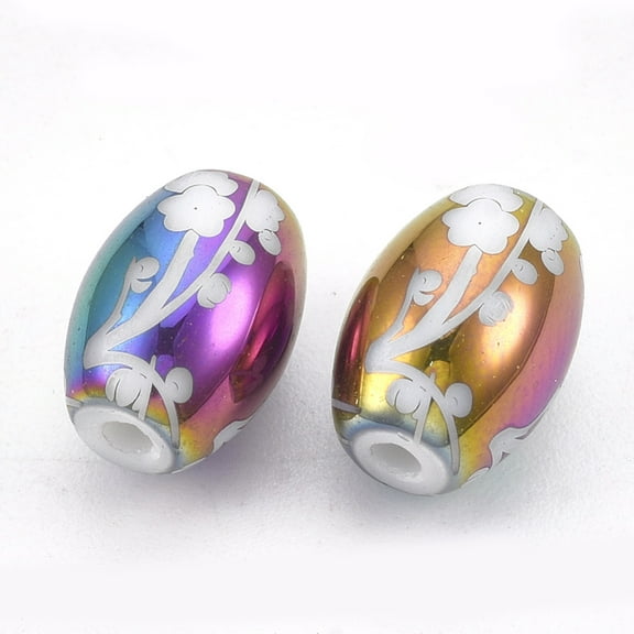 1 Bag Electroplate Glass Beads Barrel with Flower Pattern Multi-color Plated 11x8mm Hole: 1.6mm 200pcs/bag
