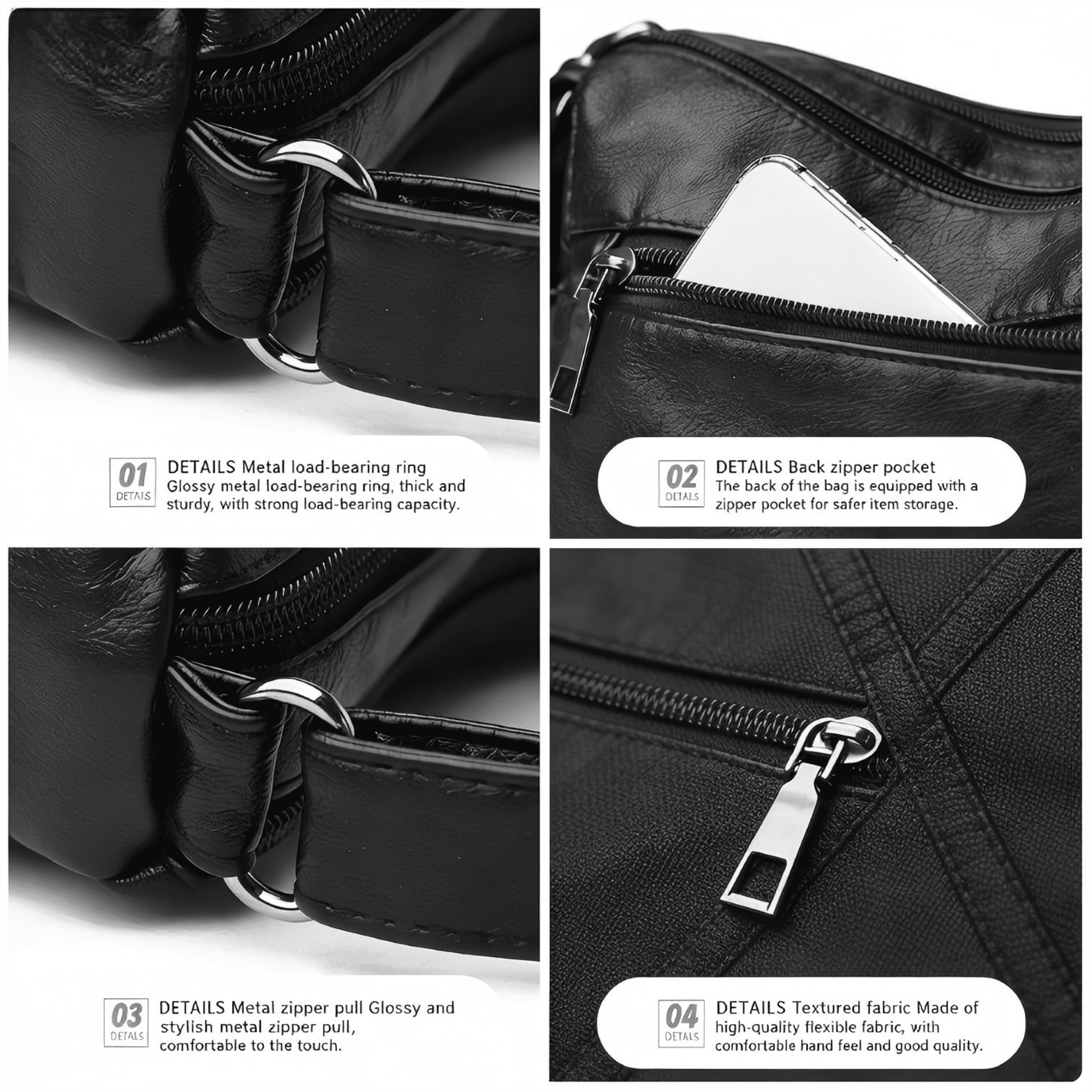 Women Pocketbooks Soft PU Leather Ladies Crossbody Purse Multi Pocket Shoulder Bag, Black