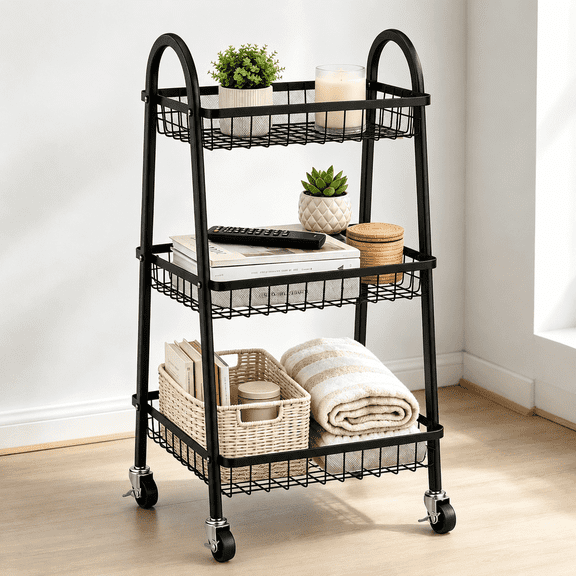 Vonieion 3 Tier Rolling Cart,Metal Rolling Cart with Wheels,Storage Organizer Cart,Mobile Storage Shelf,Portable Mobile Shelving Unit for Office, Bathroom, Kitchen,Laundry Room,Bathroom,Black