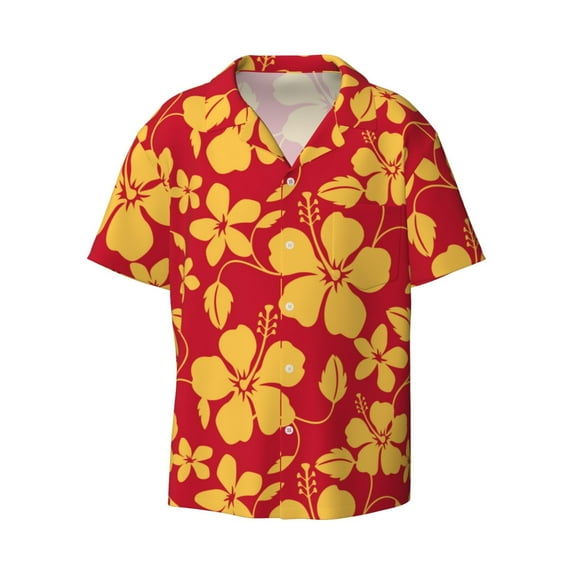 Ratiio Red Vintage Flowers Print Mens Casual Short Sleeve Shirts Button Down Textured Shirts Summer Beach Shirt with Pocket Men's Casual Short-sleeved Shirt