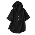 thumbnail image 5 of Women's Casual Short Sleeve Collar Hoodie Blouse, Solid Color Imitation Linen Top, 5 of 6