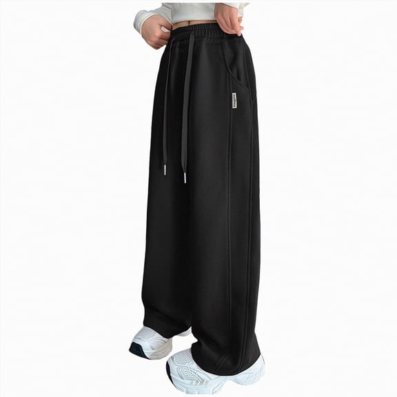 NIEWTR Girls Wide Leg Sweatpants Loose Fit Casual Lounge Pants Elastic Waist Drawstring Joggers with Pockets for Home Wear(A01-Black,8-9 Years)