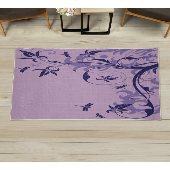 Dragonfly Decorative Rug, Swirled Floral Background Damask Curl Branches and Leaves Print, Quality Carpet for Bedroom Dorm and Living Room, 6 Sizes, Dark Indigo, by Ambesonne