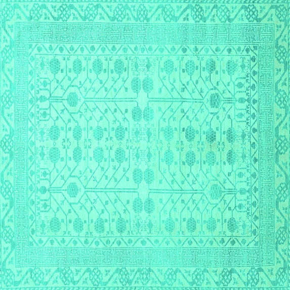 Ahgly Company Machine Washable Indoor Square Oriental Turquoise Blue Traditional Area Rugs, 4' Square