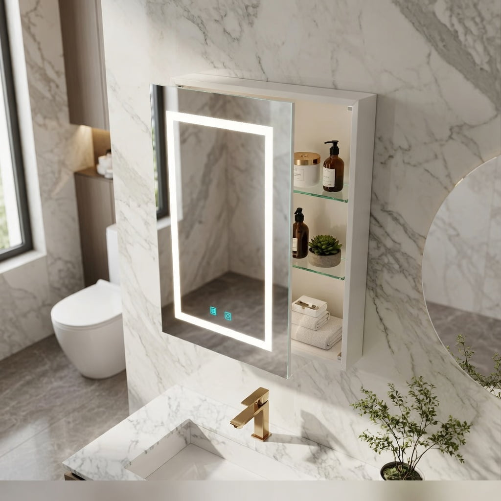 Hommoo Modern LED Bathroom Medicine Cabinet with Anti-Fog Mirror, Soft White Lighting & Wall-Mounted Aluminum Frame, One-Door Storage for Small Bathrooms, White