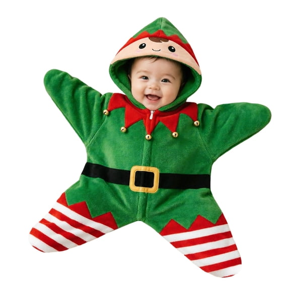 CONFREE Christmas Baby Flannel Hooded Starfish Onesie Zipper Cute Elf Graphic Warm Winter Jumpsuit