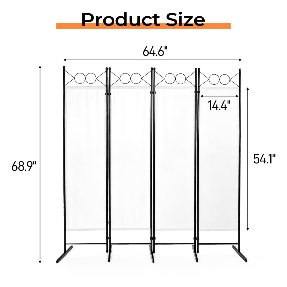 4‑Panel Folding Room Divider, 6 FT Privacy Screen with 160g Polyester Fabric & Carbon Steel Frame, Plastic Feet Freestanding Partition Screen for Home Office, Off‑White
