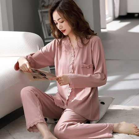 

CoCopeaunt women 100% cotton home clothes women long sleeve ruffles blouse loose pants 2 piece set home suit sleepwear pajamas set 2021