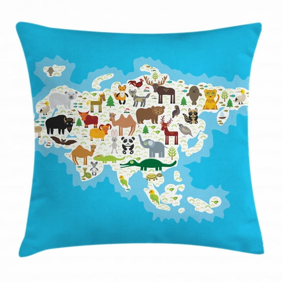 Animals Throw Pillow Cushion Cover, Eurasian Animals Camel Bison Bear and Fox Indigenous Fauna Cartoon Illustration, Decorative Square Accent Pillow Case, 16 x 16 Inches, Multi-color, by Ambesonne