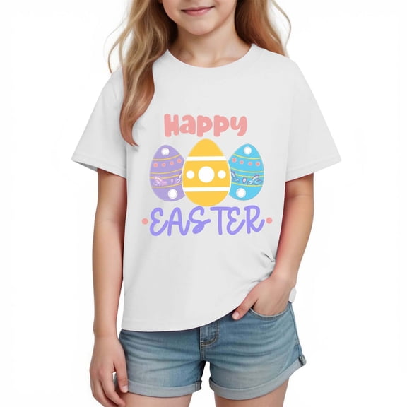 Posijego Toddler Boys Girls Easter T-Shirts Cartoon Short Sleeve Shirts Kids Crew Neck Casual Tops Basic Tee 3-14 Years