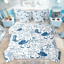 Homewish Cartoon Cowgirl Hat Bedding Comforter Set 7 Pieces for Kids, Blue Western Cowboy Boot Full Bedding Set, Starfish Seashell Reversible Fitted Sheet Flat Sheet, Luxury Bedroom Decor