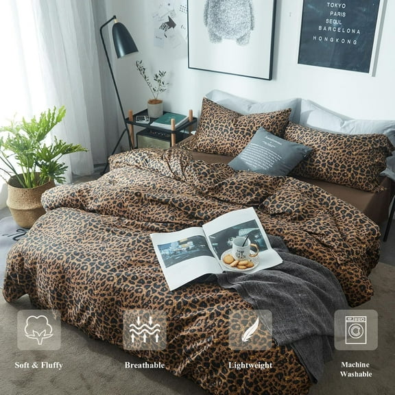 Leopard Print Queen Size Comforter Set-3 Pieces Animal Printed Comforter Sexy Soft Fluffy Brown/Black Floral Print Bedding Set with 2 Pillowcases for All Season-Queen Size