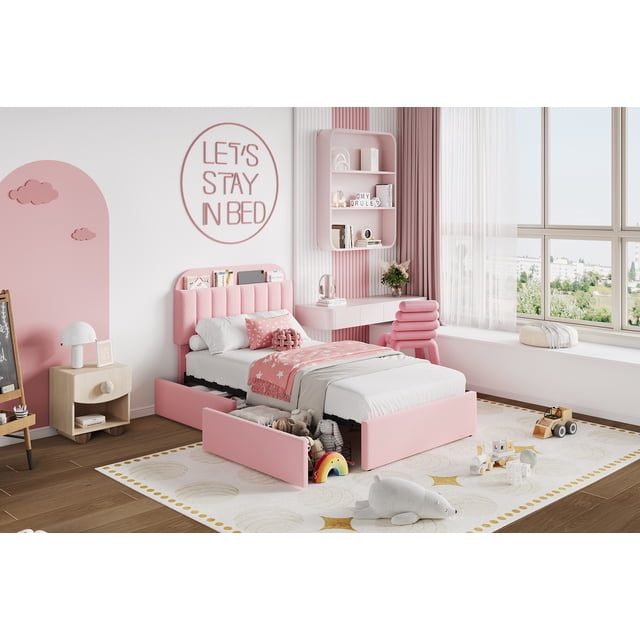 EDTara Kids Platform Bed with Soft Bouclé Upholstery, Bookcase Headboard, and 2 Under-Bed Storage Drawers, Easy Assembly, No Box Spring Needed