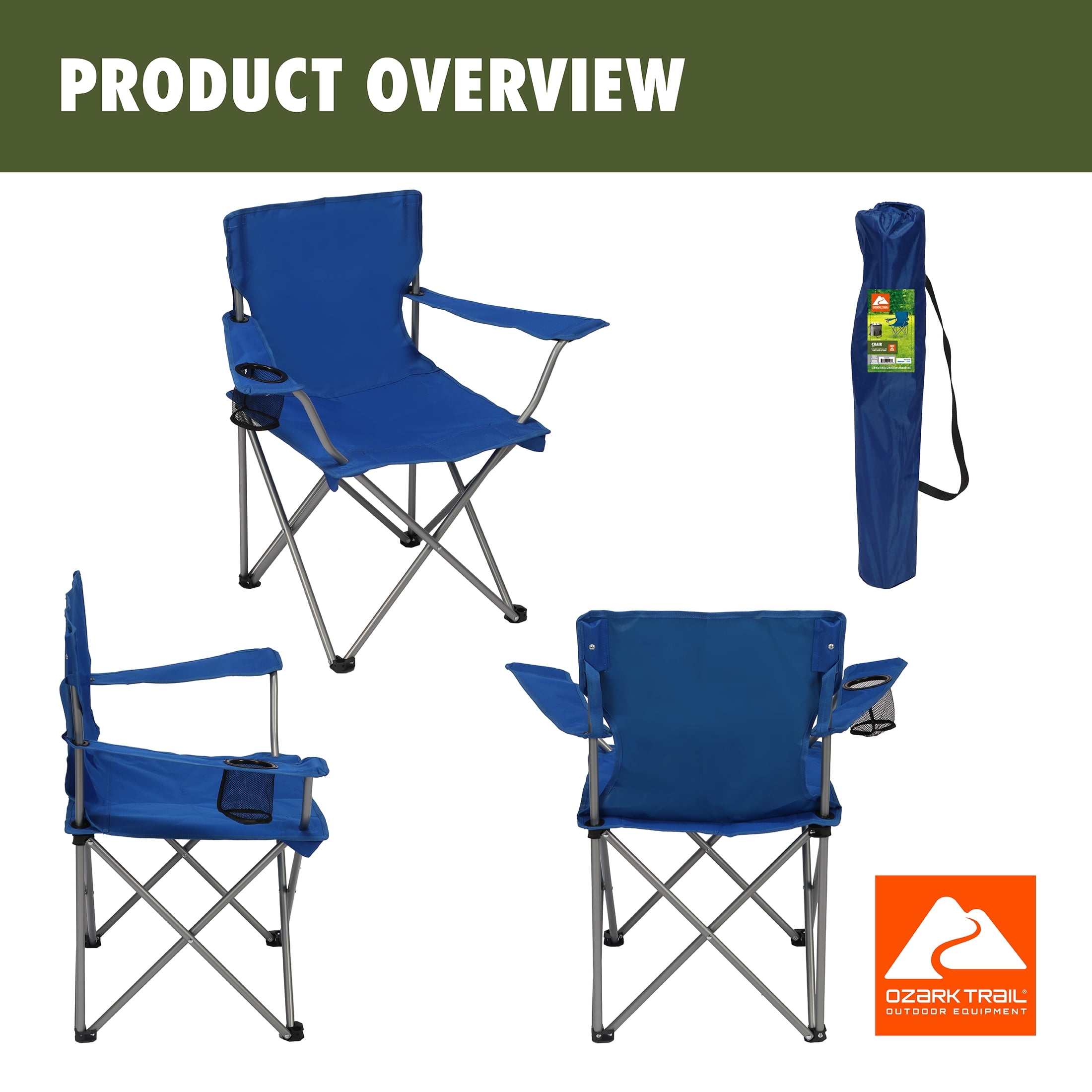 Ozark Trail Basic Quad Folding Camp Chair with Cup Holder, Blue